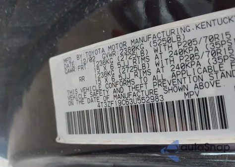 2003 Toyota Sienna Ce из США, поврежденный, VIN 4T3ZF19C63U552983